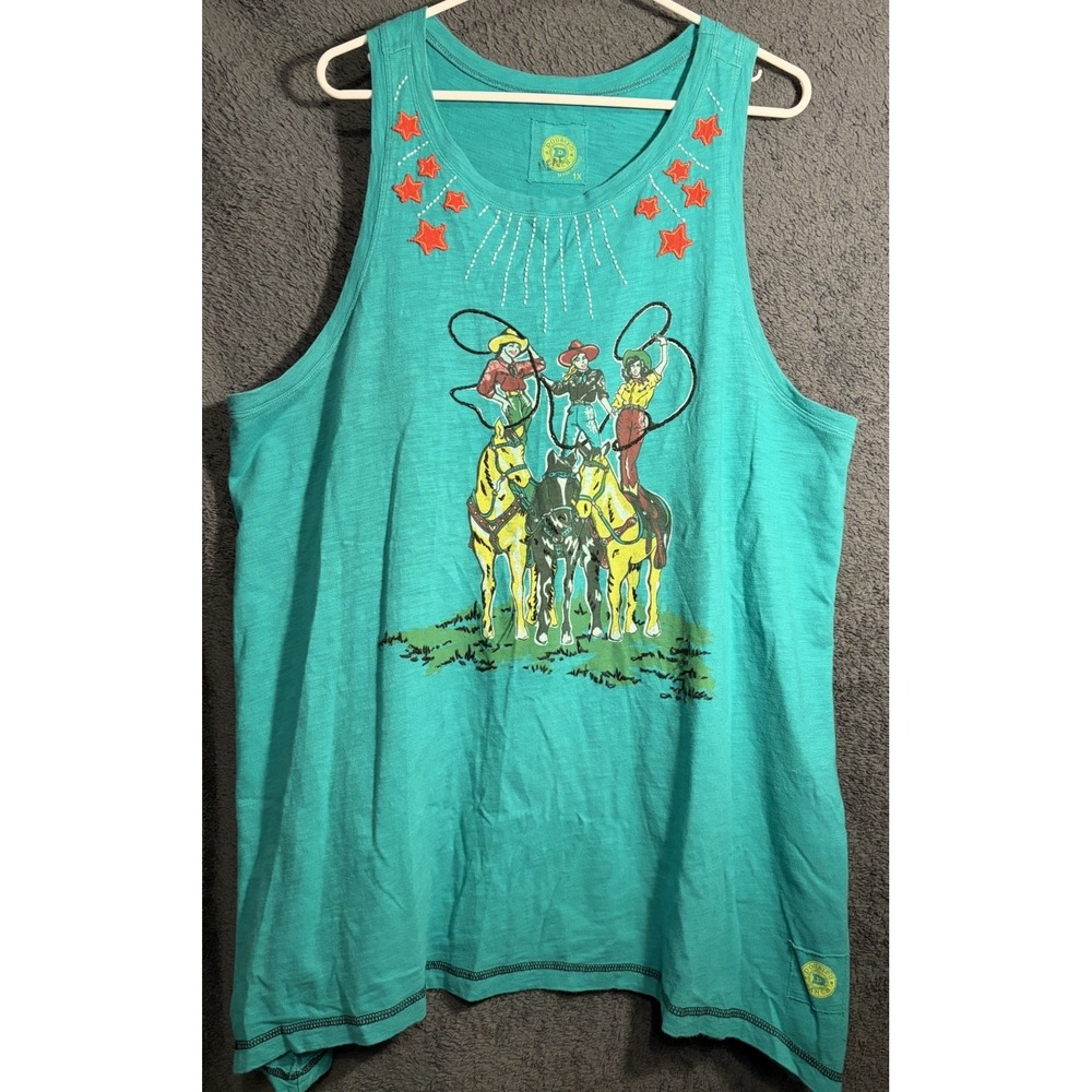Double D Ranch 1X Western Cowgirl Rodeo Graphic Tank Turquoise Beaded Boho